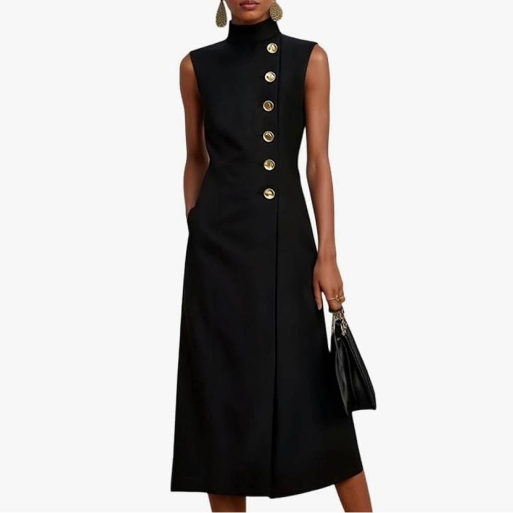 Black Sleeveless Midi Dress Gold Buttons High Neck Size Medium New With Tags